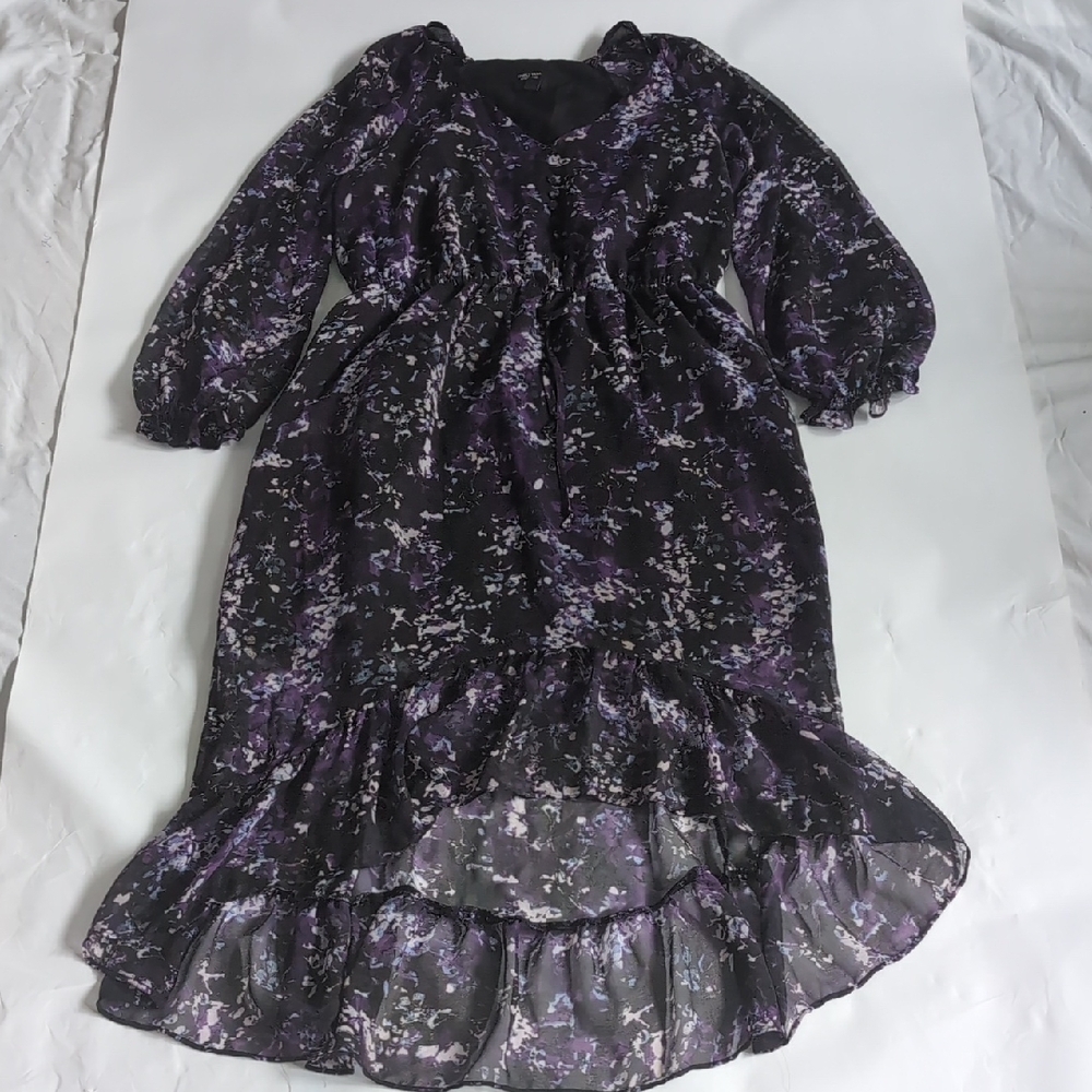 Simply Vera Vera Wang Black Purple Floral V-Neck Tie Waist Hi-Lo Dress - M